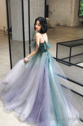 A-Line Ombre Tulle Long Prom Dress, V-Neck Evening Dress